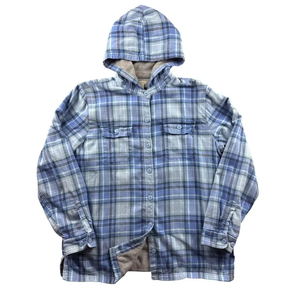 L.L.Bean Mens Large Hooded Fleece Lined Flannel Shacket Blue Plaid Shirt Jacket